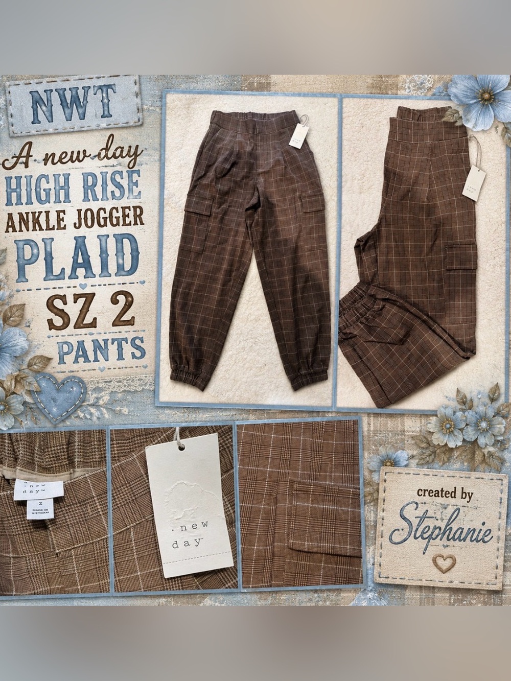NWT A New Day Brown Plaid High-Rise Ankle Cargo Jogger Pants Sz 2